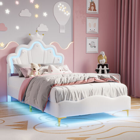 Lit enfant simple 90x200cm, Lit princesse avec sommier à lattes et éclairage LED, Tête de lit réglable en forme de couronne, PU, Blanc, sans Matelas (1/5)