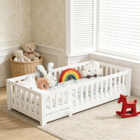 Lit au sol 90x200 cm pour enfant en bois massif, Lit Montessori avec barrière de sécurité, Cadre de lit 1 place 90x200 avec sommier à lattes, Blanc
