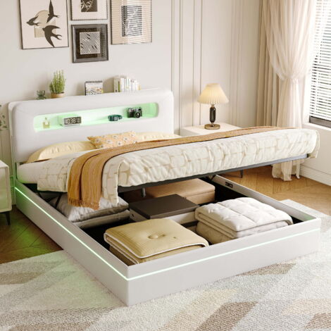 Lit capitonné 160x200 cm avec tête de lit rangement, Lit coffre 160x200 cm avec éclairage LED, Sommier à lattes, Velours beige (1/5)