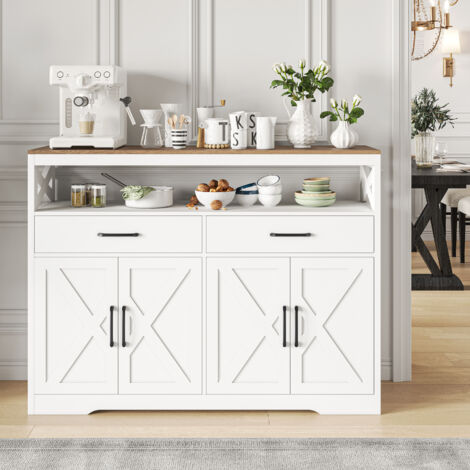 Buffet Cuisine, Meuble Bas Cuisine 2 Placards 2 Tiroirs, Étagère Réglable, Buffet Salle à Manger pour Cuisine, Salon, Blanc, 140 x 40 x 105 cm