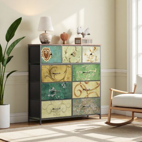 Commode 100 cm, avec 9 tiroirs de rangement, motif vintage, structure en métal, style bohème, meuble de salon en bois,Multicolore (1/5)