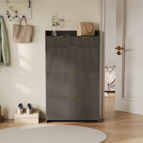 Meuble à chaussures, avec tiroirs et 3 étagères de rangement, poignées dorées, finition rayée, design moderne, meuble d'entrée, Noir