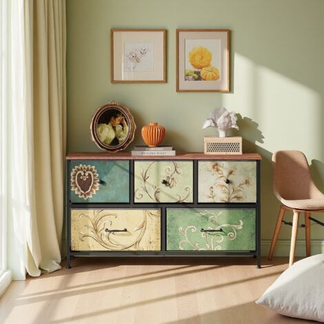 Commode 100 cm, avec 5 tiroirs de rangement, motif vintage, structure en métal, style bohème, meuble de salon en bois,Multicouleur