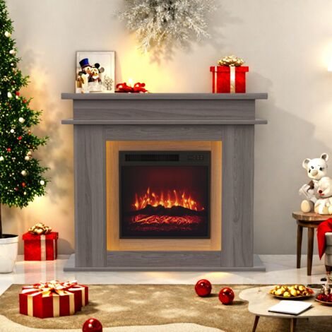 Cheminée électrique autoportante en chêne rustique, effet de flammes 3D,avec chauffage 2000W, température et couleur de flamme réglables, étagère de rangement ouverte et plateau de table,101x35x89cm