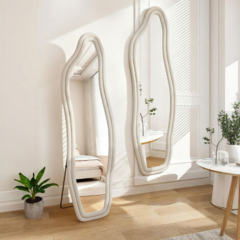 Miroir sur pied Ondulé Design Artistique, grand miroir mural avec Cadre en Velours Doux, miroir en pied Incassable HD pour Chambre et Salon, 140x45 cm ,Blanc