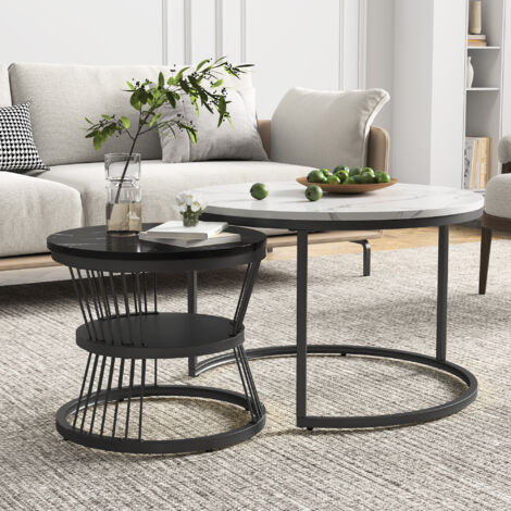 Lot de 2 Table basses gigogne rondes, 70 cm - plateau brillant en bois effet marbre PVC, pieds métal, design moderne - Noir + blanc