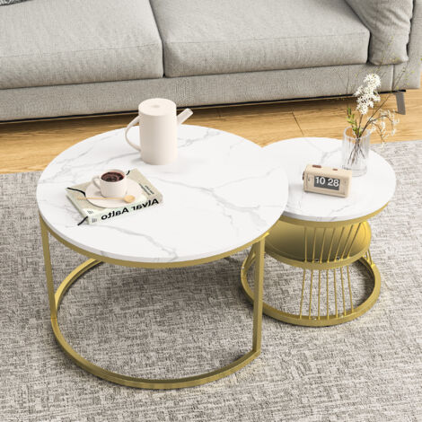 Lot de 2 Table basses gigogne rondes, 70 cm - avec étagères, brillant plateau en bois effet marbre PVC, pieds métal, design moderne - Doré