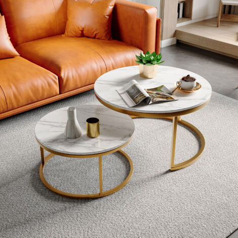 Table Basse Ronde Table Gigogne 2 Pièces,  brillant plateau en bois effet marbre PVC, Pieds en Métal 80x80x45 cm,60x60x33 cm