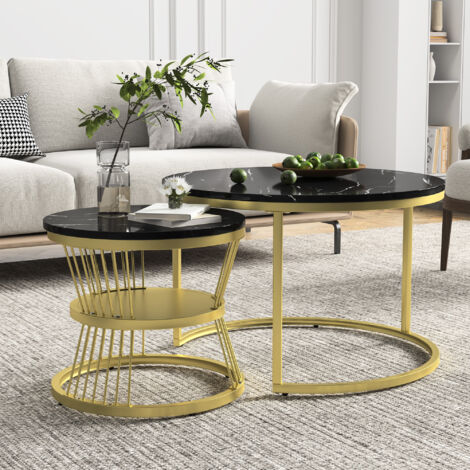 Lot de 2 Tables basses gigognes rondes - placage de marbre - structure en métal - style contemporain - 70x70x45 cm - 45x45x40 cm - Structure Dorée + Plateau Noir
