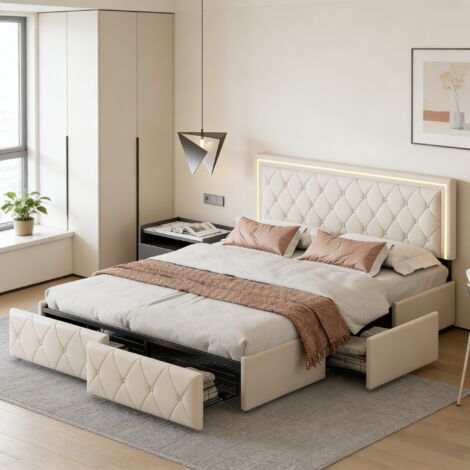 Lit capitonné 160x200cm avec éclairage LED, Lit double avec 4 tiroirs et tête de lit réglable, Cadre de lit adulte, Sommier à lattes, PU, Blanc (1/5)