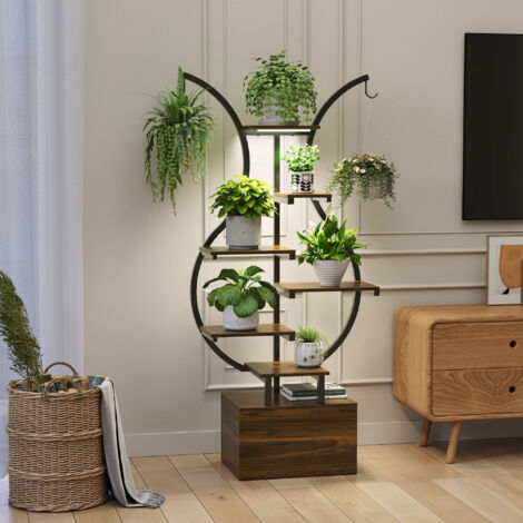 Porte Plante Fer Forgé Étagère Plante avec 6 Tablettes Support Pot de Fleurs, Supports d'angle avec Lampe de Croissanc, Convient pour Maison Balcon Jardin Terrasse