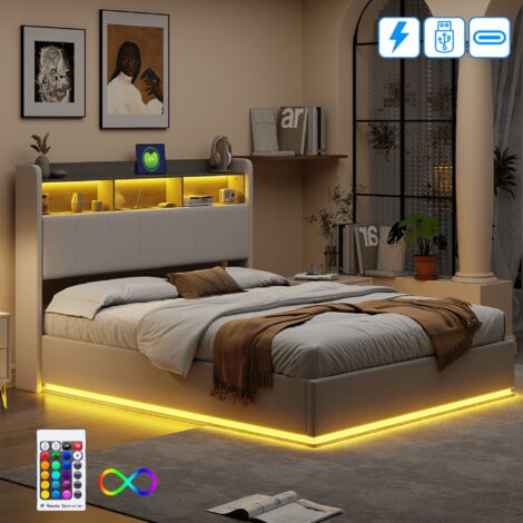Lit coffre double 140x190 cm avec sommier LED et USB, Lit rembourré avec tête de lit rangement et sommier à lattes, 2 personnes, Velours Blanc