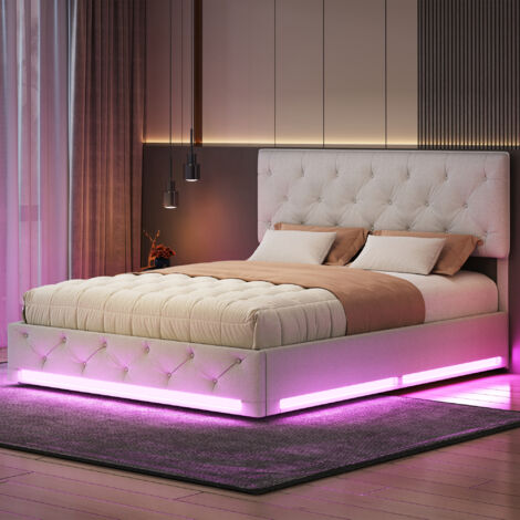 Lit coffre double 140x200 cm avec éclairage LED, Lit adulte 140x200 cm avec tête de lit capitonnée réglable, Rangement hydraulique, Lin, Beige (1/5)