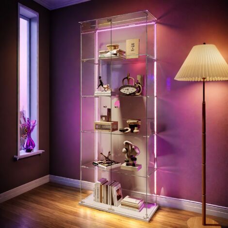 Vitrine en verre trempé 5 niveaux avec éclairage LED, 2 portes, Meuble vitrine verre, protection anti-poussière, Serrure de sécurité,pour salon, collection, étude,Blanc+Barre lumineuse