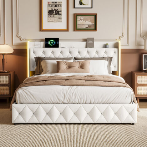 Lit coffre 160x200 cm avec sommier à lattes, Tête de lit rembourré avec LED multicolores et charge USB, Lit double beige, Velours (1/5)