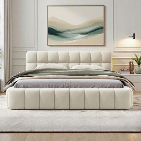 Lit adulte 160x200 cm, Lit double capitonné avec dossier moelleux, Lit plat avec sommier à lattes en bois, Lit bubble bas,  Style scandinave, Lin, Beige