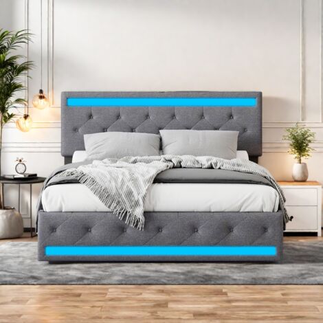 Lit double 140x200 cm, LED et USB, tete de lit capitonnée, 4 tiroirs, tissu en lin, Cadre de lit 140x200 avec sommier à lattes, gris (1/5)