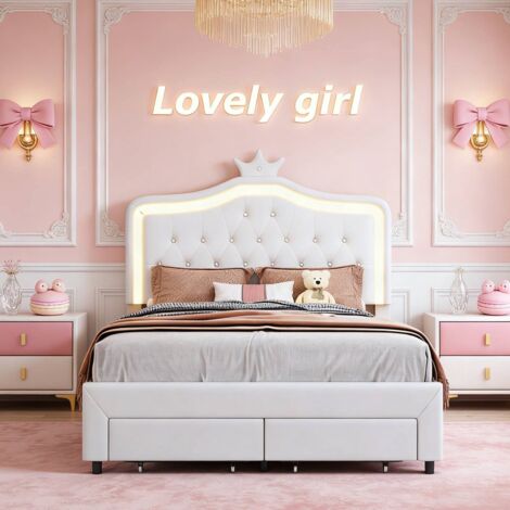 Lit avec tiroirs 140x200 cm pour fille, Lit enfant princesse 140x200 cm avec tête de lit couronne réglable, éclairage LED, sommier à lattes, PU, Blanc