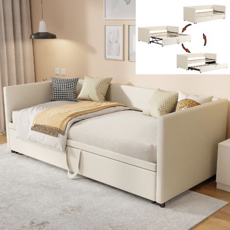 Lit gigogne 90/180x200 cm en velours, lit capitonné canapé, Canapé-lit extensible avec sommiers à lattes et accoudoirs, lit multifonctionnel avec dossier rembourré, beige