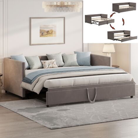 Lit gigogne 90/180x200 cm en velours, lit capitonné canapé, Canapé-lit extensible avec sommiers à lattes et accoudoirs, lit multifonctionnel avec dossier rembourré, gris