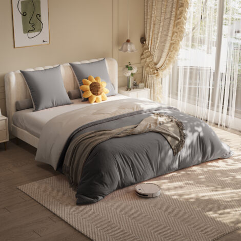 Parure de lit 140x200 cm 4 pièces, Ensemble de literie 2 personnes avec 1 drap-housse, 1 housse et 2 taies d'oreiller, Tissu en polyester, Gris foncé + Gris clair (1/5)