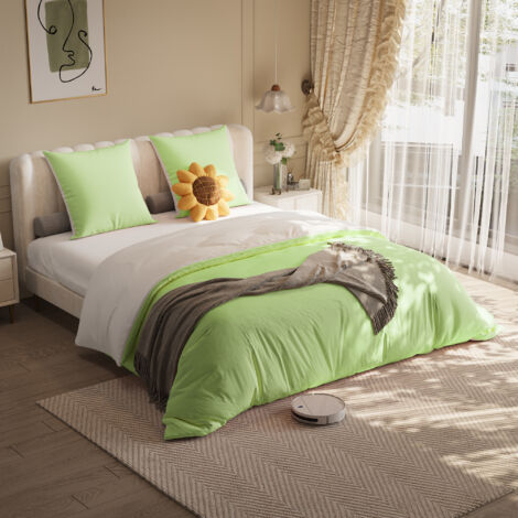Parure de lit 140x200 cm 4 pièces, Ensemble de literie 2 personnes avec 1 drap-housse, 1 housse et 2 taies d'oreiller, Tissu en polyester, Vert + Blanc (1/5)