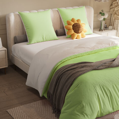 Parure de lit 160x200 cm 4 pièces, Ensemble de literie 2 personnes avec 1 drap-housse, 1 housse et 2 taies d'oreiller, Tissu en polyester, Vert + Blanc
