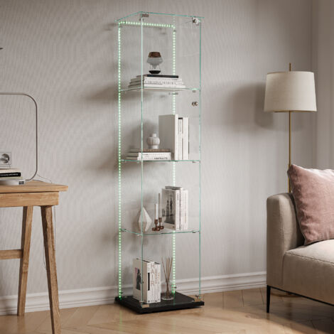 Vitrine en verre éclairée LED 42x35x123 cm, Vitrines pour collection avec porte et 4 étagères, porte simple, autoportante, pour salon, chambre, bureau - Noir