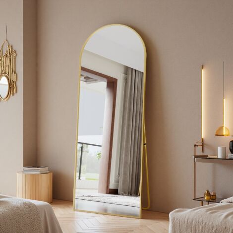 Miroir sur pied 165x60 cm – Miroirs arqué sur toute la longueur – Cadre en métal – Support en U pour placement libre – Couleur noir