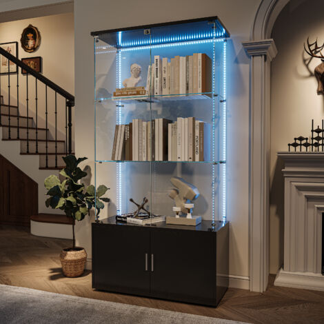 Vitrine en verre noir - 78.5.5x35x165.5 cm - Triple Vitrines + meuble de rangement - Serrure - Éclairage d'ambiance réglable - Verre trempé + Bois - Convient aux salons, chambres et bureaux