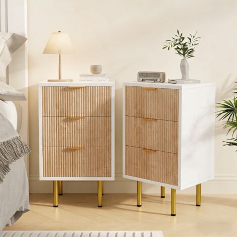Lot de 2 Tables de Chevet avec 3 tiroirs, meuble de rangement bois avec poignées et pieds dorées, style scandinave, 40x40x65cm, bois naturel