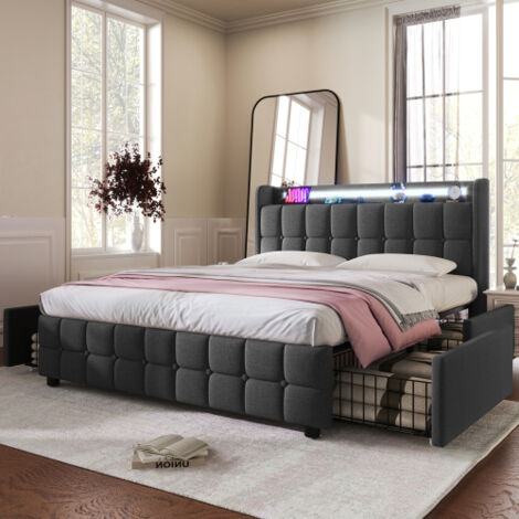 Lit double 160x200 cm avec 4 tiroirs, Tête de lit capitonné avec éclairage LED et ports USB, Lit adulte avec sommier à lattes en bois, Tissu en lin, Gris (1/5)