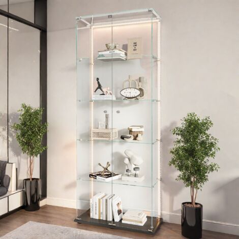 Vitrine en verre trempé 5 niveaux avec éclairage LED, 2 portes, Meuble vitrine verre, protection anti-poussière, Serrure de sécurité,pour salon, collection, étude,Noir+Barre lumineuse