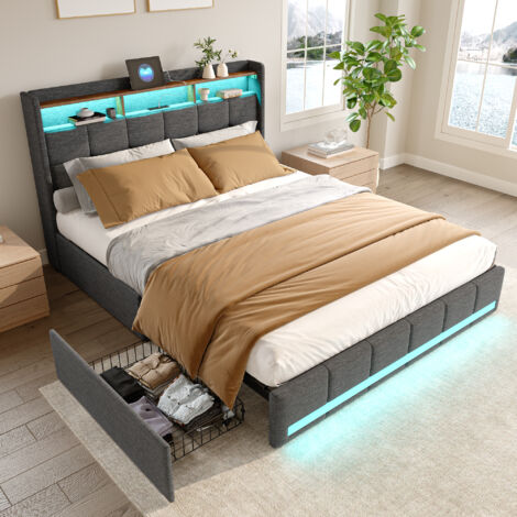 Lit adulte 160x200 avec 4 tiroirs, Lit double capitonné 160x200 avec sommier LED et USB, Tête de lit avec rangement, tissu en lin, Gris (1/5)