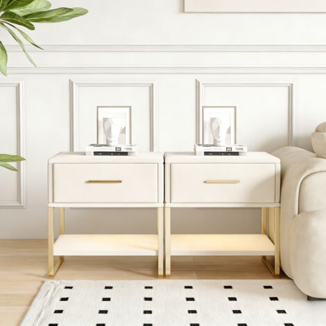Lot de 2 Table de Chevet avec LED, Table de nuit en velours beige avec 1 tiroir et étagères ouvertes, cadre métallique doré, design minimaliste moderne, 40 x 31 x 50cm