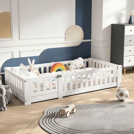 Lit enfant au sol 120x200 cm, Lit simple 120x200 cm avec barrière de sécurité, Lit Montessori 1 place avec sommier à lattes en bois massif, Blanc