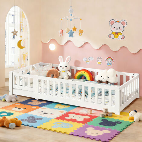 Lit enfant au sol 90x190 cm, Lit simple 90x190 cm avec barrière de sécurité, Lit Montessori 1 place avec sommier à lattes en bois massif, Blanc