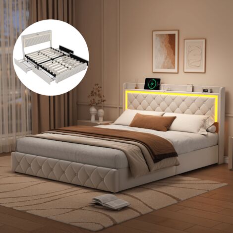 Lit double 160x200 cm avec 4 tiroirs, Lit 160x200 avec sommier LED et USB, Lit adulte avec tête de lit capitonné, Tissu en velours, Beige (1/5)