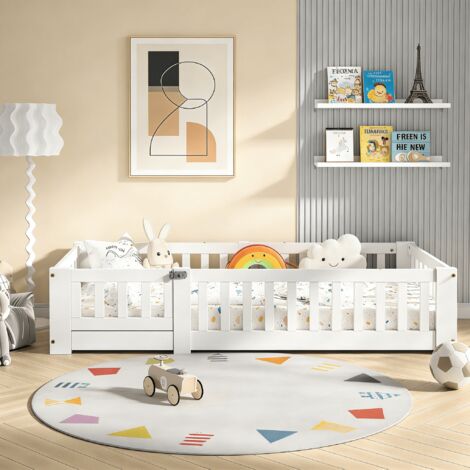Lit enfant au sol 80x160 cm, Lit simple 80x160 cm avec barrière de sécurité, Lit Montessori 1 place avec sommier à lattes en bois massif, Blanc