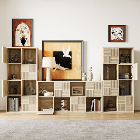 Bibliothèque 8 compartiments – 4 ouverts et 4 avec porte – Dimensions 120x30x60cm – Panneaux de particules norme E1 – Imperméable et résistant aux rayures –Couleur Boisée