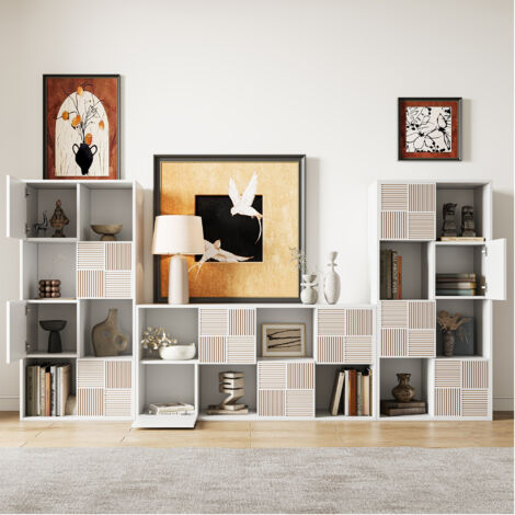 Bibliothèque 8 compartiments – 4 ouverts et 4 avec porte – Dimensions 120x30x60cm – Panneaux de particules norme E1 – Imperméable et résistant aux rayures –Blanc Nuage
