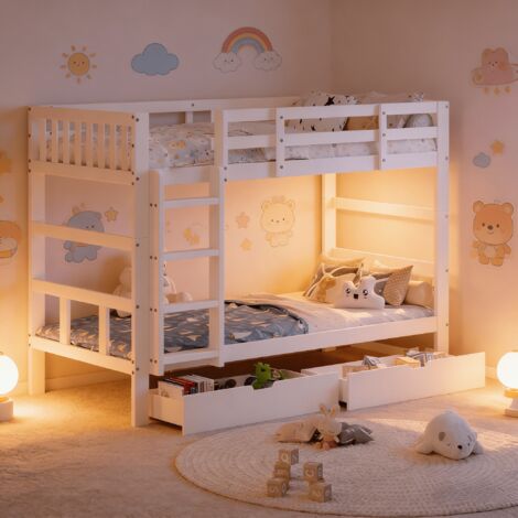 Lit superposé 90x200 cm avec 2 tiroirs, Lit enfant 2 places sommier à lattes en bois massif, Séparable en 2 lits, Barrière de sécurité, Blanc