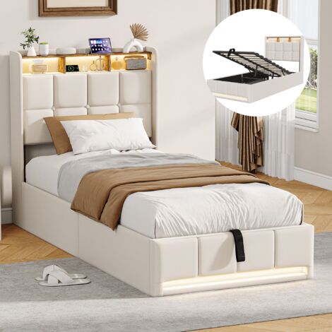 Lit coffre 90x200 cm avec rangement, Tête de lit capitonné avec éclairage LED et ports USB, Sommier à lattes, Tissu en lin, Beige (1/5)