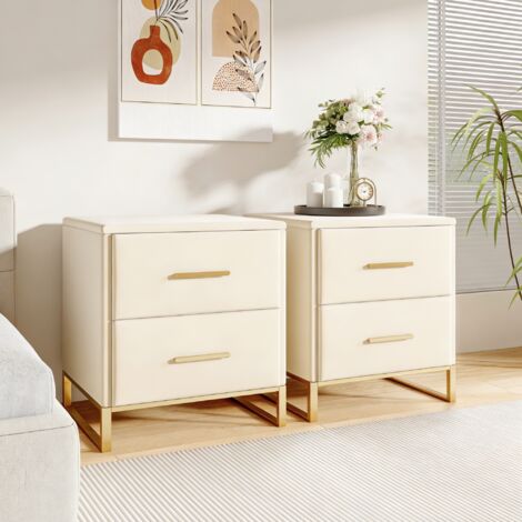 Lot de 2 Table de chevet en velours beige, 2 tiroirs, poignées et pieds en métal dorés, table de nuit minimaliste moderne, 40x40x50cm