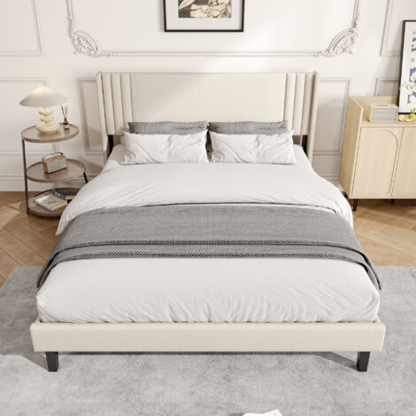 Lit adulte 160x200 cm, lit 160x200 avec sommier, Tête de lit capitonné en lin beige, Convient aux adultes et aux adolescents, Capacité 360 kg, sans matelas (1/5)