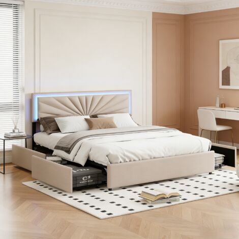 Lit adulte 160x200cm avec 4 tiroirs, Tête de lit capitonné réglable avec éclairage LED, Cadre de lit double avec sommier à lattes, Style moderne, Lin, Beige (1/5)