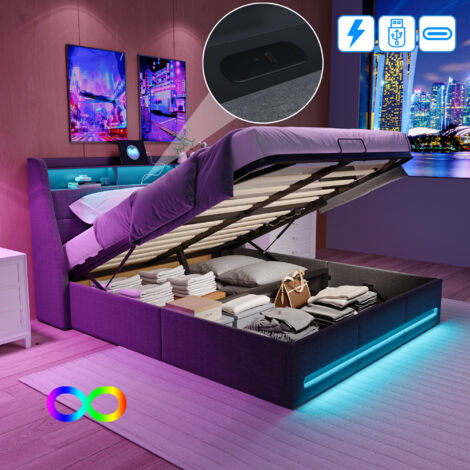 Lit coffre 140x190 cm, tête de lit capitonné avec rangement, lit 140x2190 avec sommier, LED réglable, chargement USB, sommier à lattes, style moderne, tissu lin, gris (1/5)