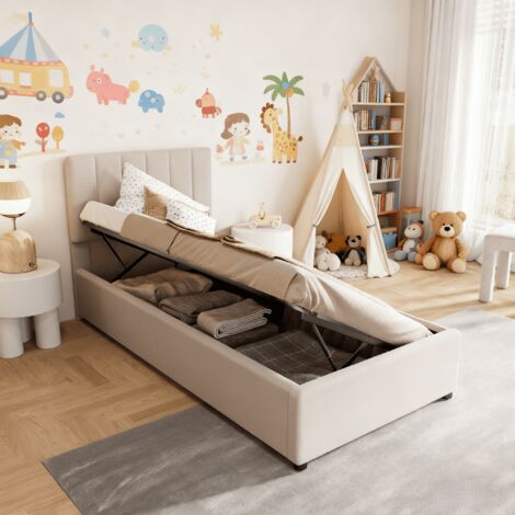 Lit coffre simple 90x200cm, Lit enfant 90x200 avec rangement et tete de lit réglable, Cadre de lit 90x200 avec sommier à lattes, Lit 1 place en lin, sans Matelas, Beige (1/5)