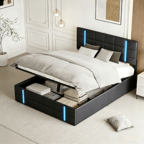 Lit coffre 160x200 cm avec rangement – Cuir PU Noir – Tête de lit avec LED réglables – Chargement USB – Capacité 360 kg – Design moderne (1/5)