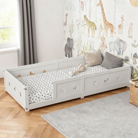 Lit simple au sol 90x200 cm, lit enfant 90x200 avec barrière de sécurité, cadre de lit Montessori en pin massif, sommier à lattes, Blanc
